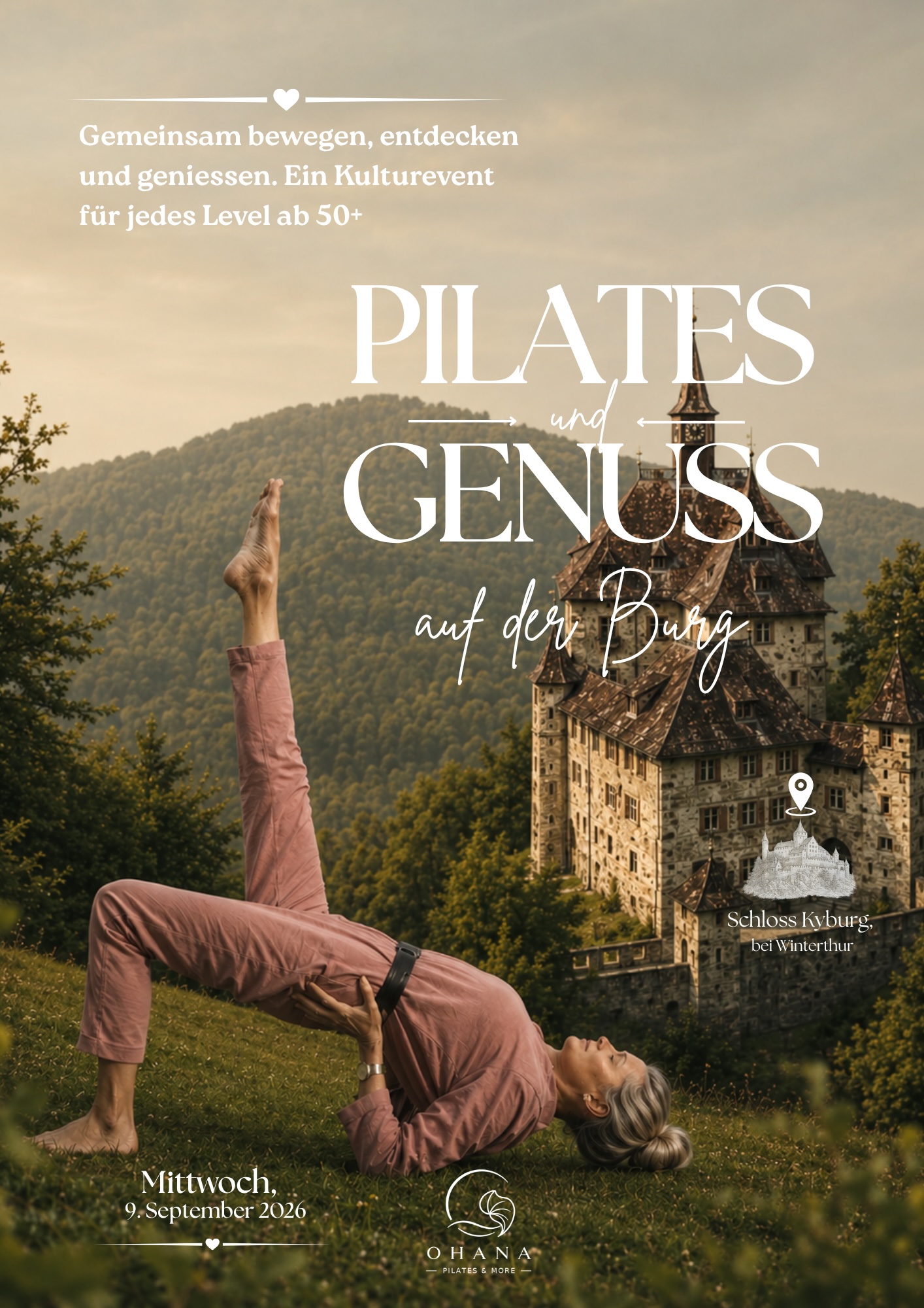 Flyer: Pilates und Genuss auf der Burg, Schloss Kyburg, 9. September 2026